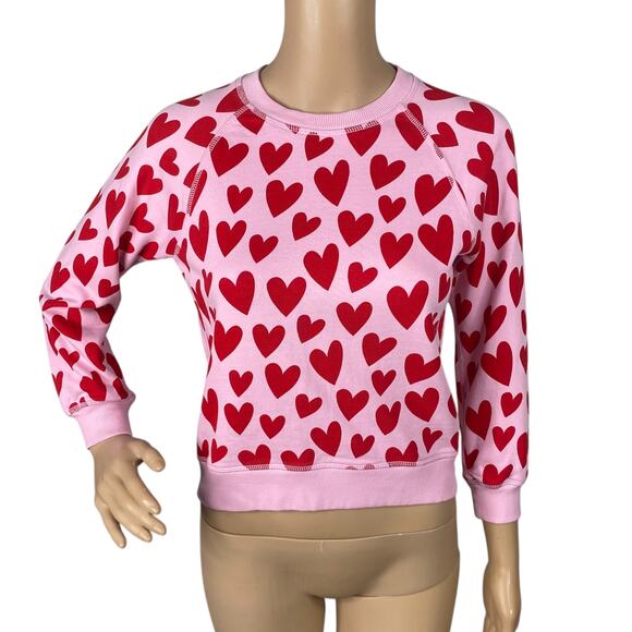 Hanna Andersson NEW Pink Red Heart Print Pullover Sweatshirt Girls SZ 8 - Picture 1 of 8
